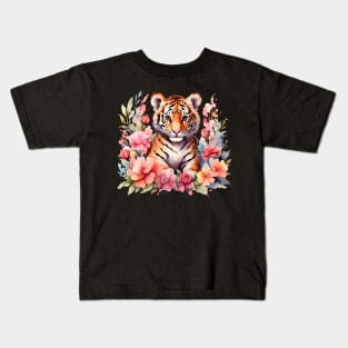 A baby tiger decorated with beautiful watercolor flowers Kids T-Shirt